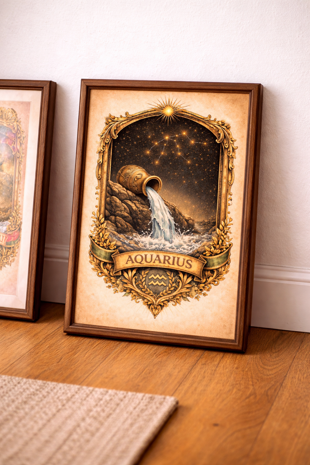 Framed artwork of Aquarius zodiac sign on a wooden floor.