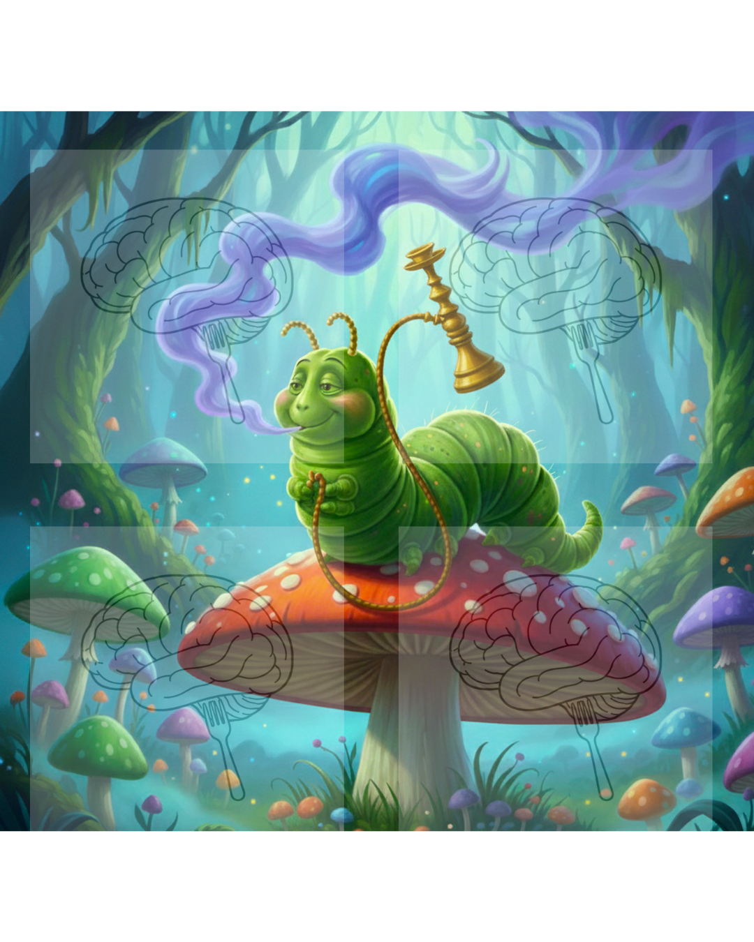 Cartoon caterpillar on a mushroom in a fantasy forest with colorful mushrooms and trees.