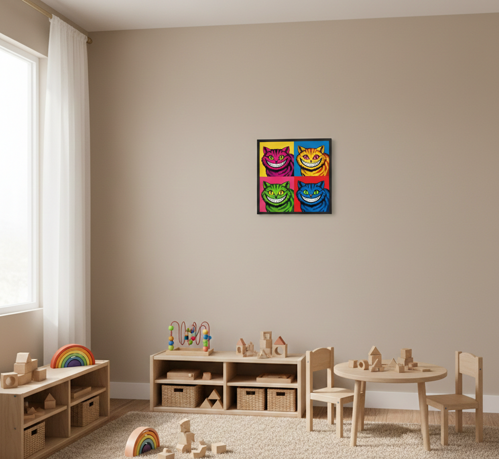 Children's playroom with colorful cat artwork on the wall, wooden furniture, and toys.