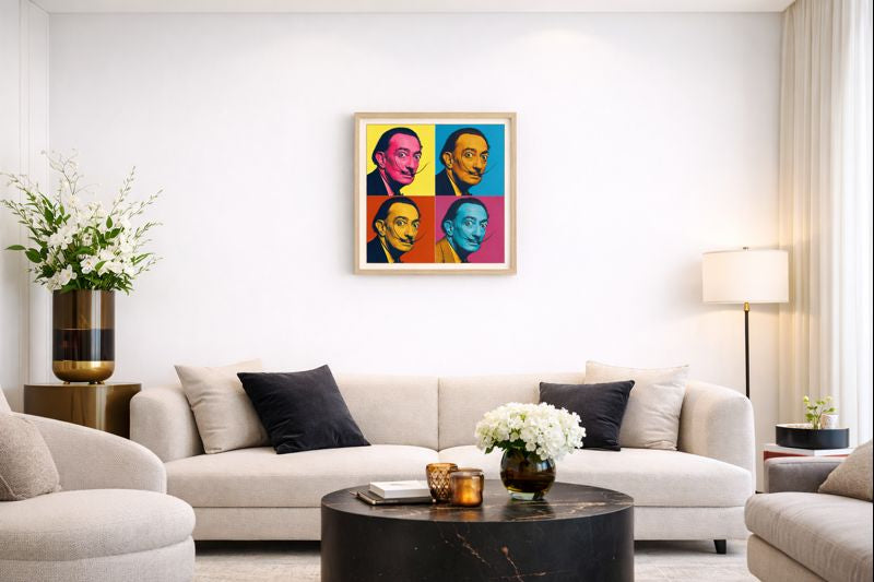 Living room with a colorful abstract painting on the wall above a white sofa.