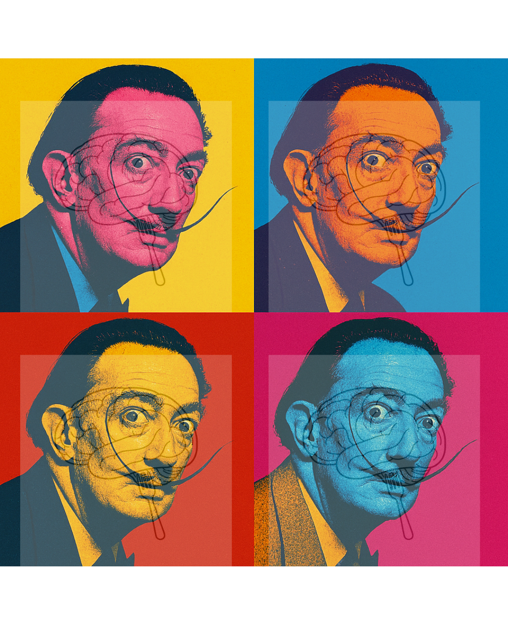Four colorful portraits of a man with a long mustache on a white background