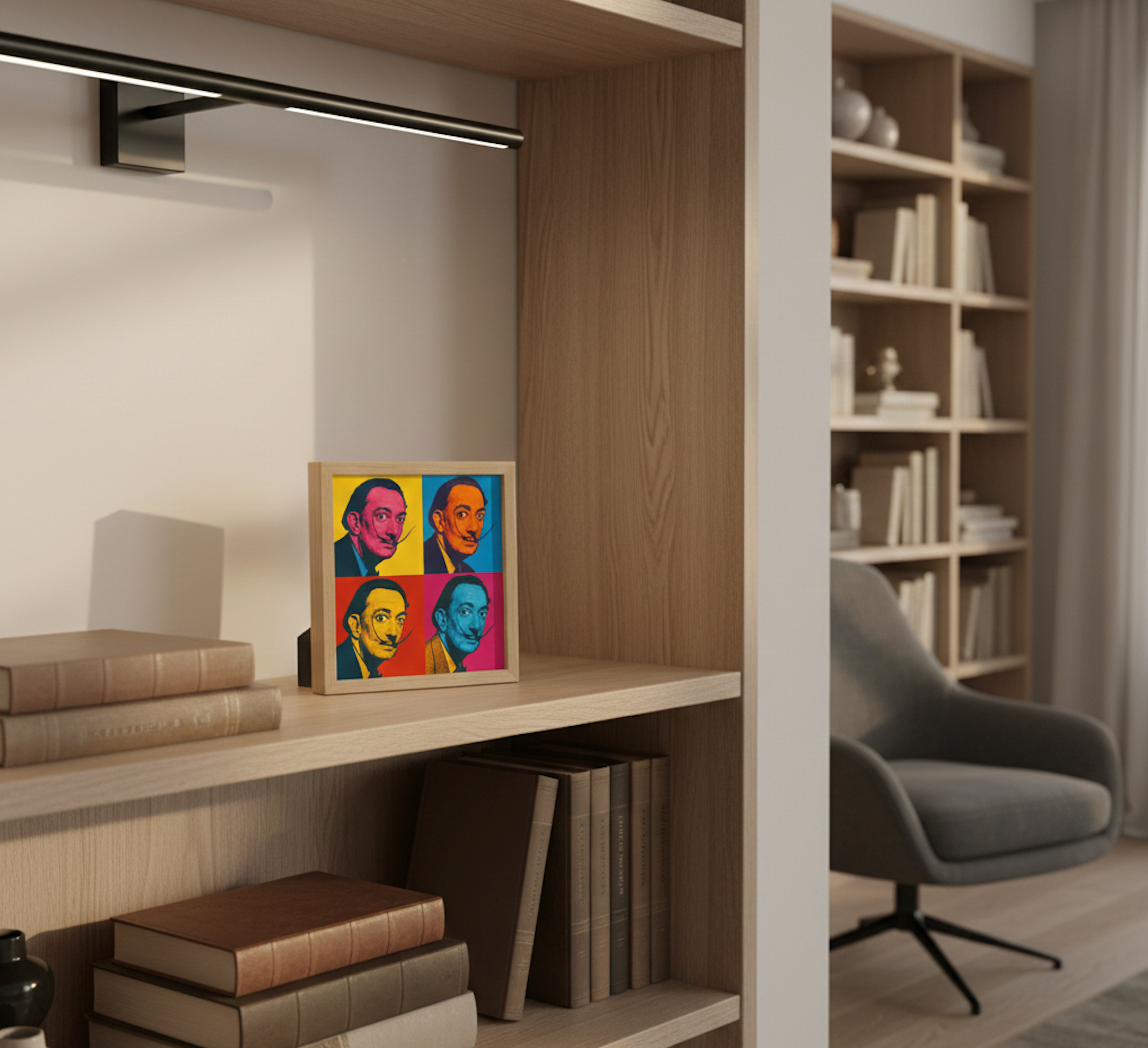 Modern interior with a bookshelf, colorful framed artwork, and a chair.
