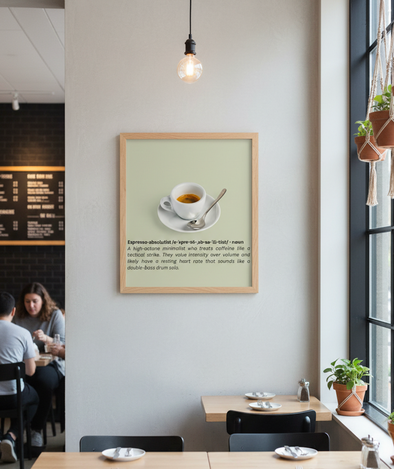 Framed picture of a coffee cup on a wall in a cafe setting