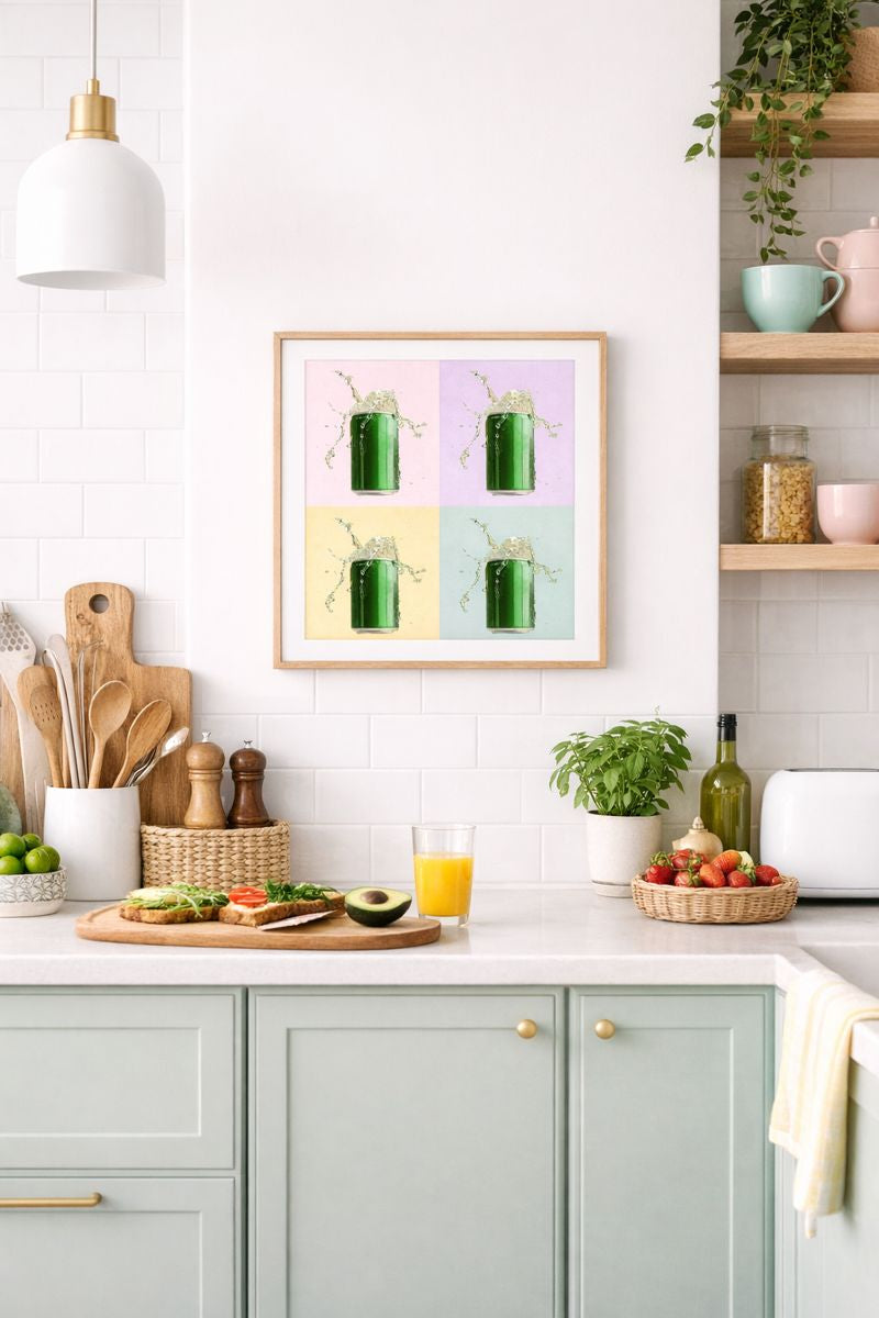 Kitchen interior with a colorful soda pop art print on the wall, white countertops, and green cabinets.
