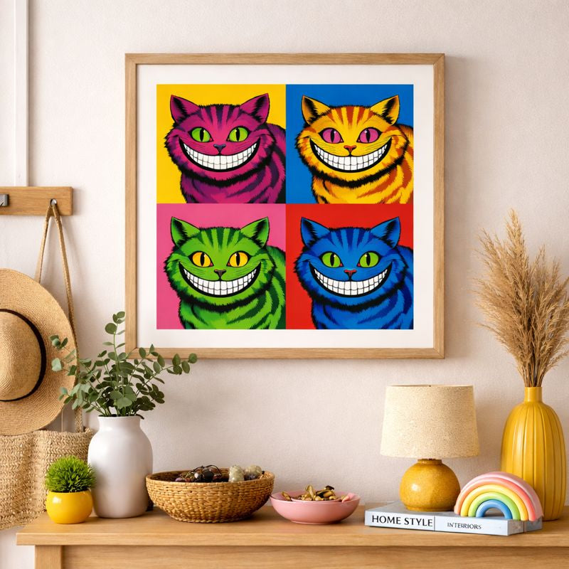 Framed colorful cat art print on a wall above a wooden shelf with decorative items.