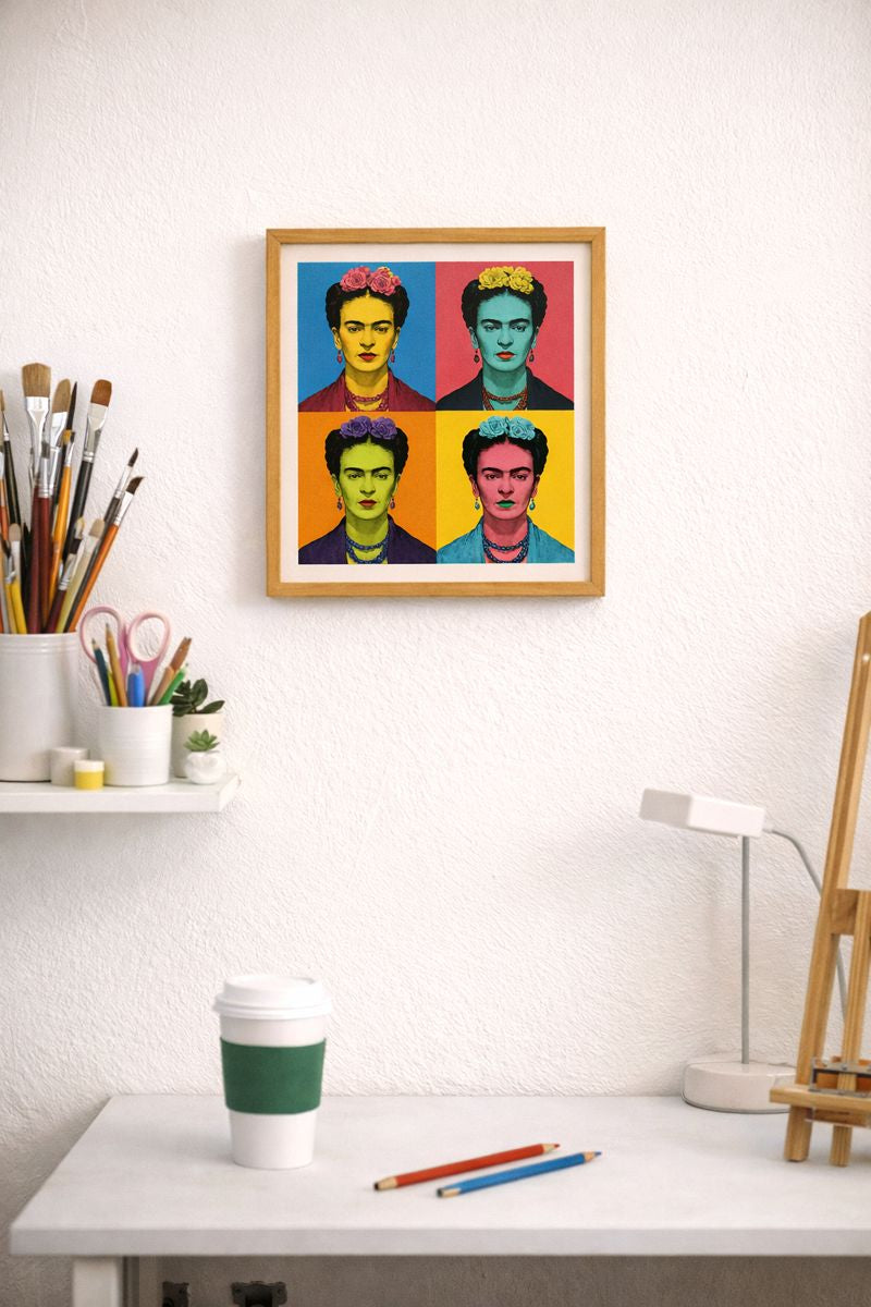 Colorful framed artwork of Frida Kahlo in Art Room