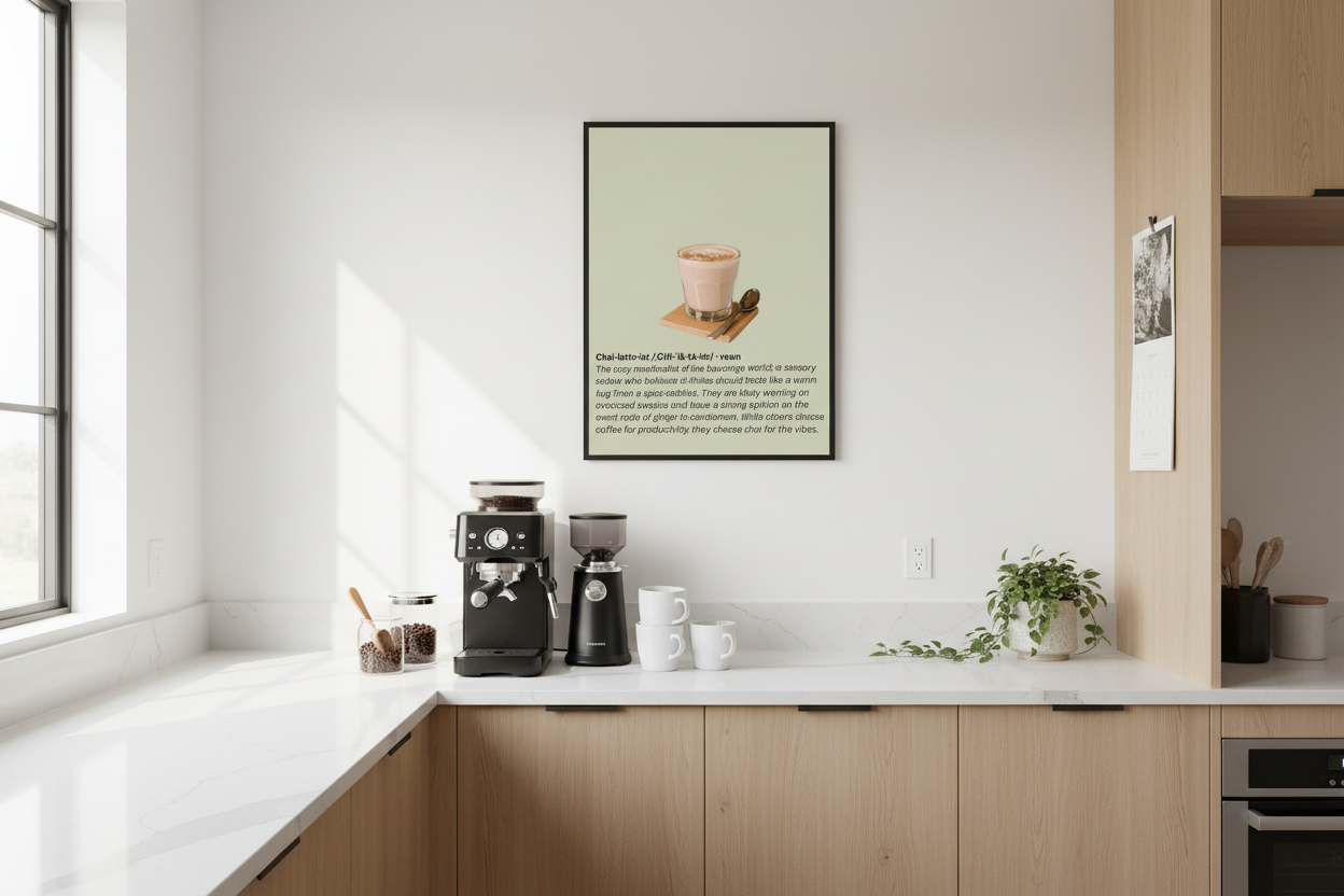 Chai latte artwork in modern kitchen