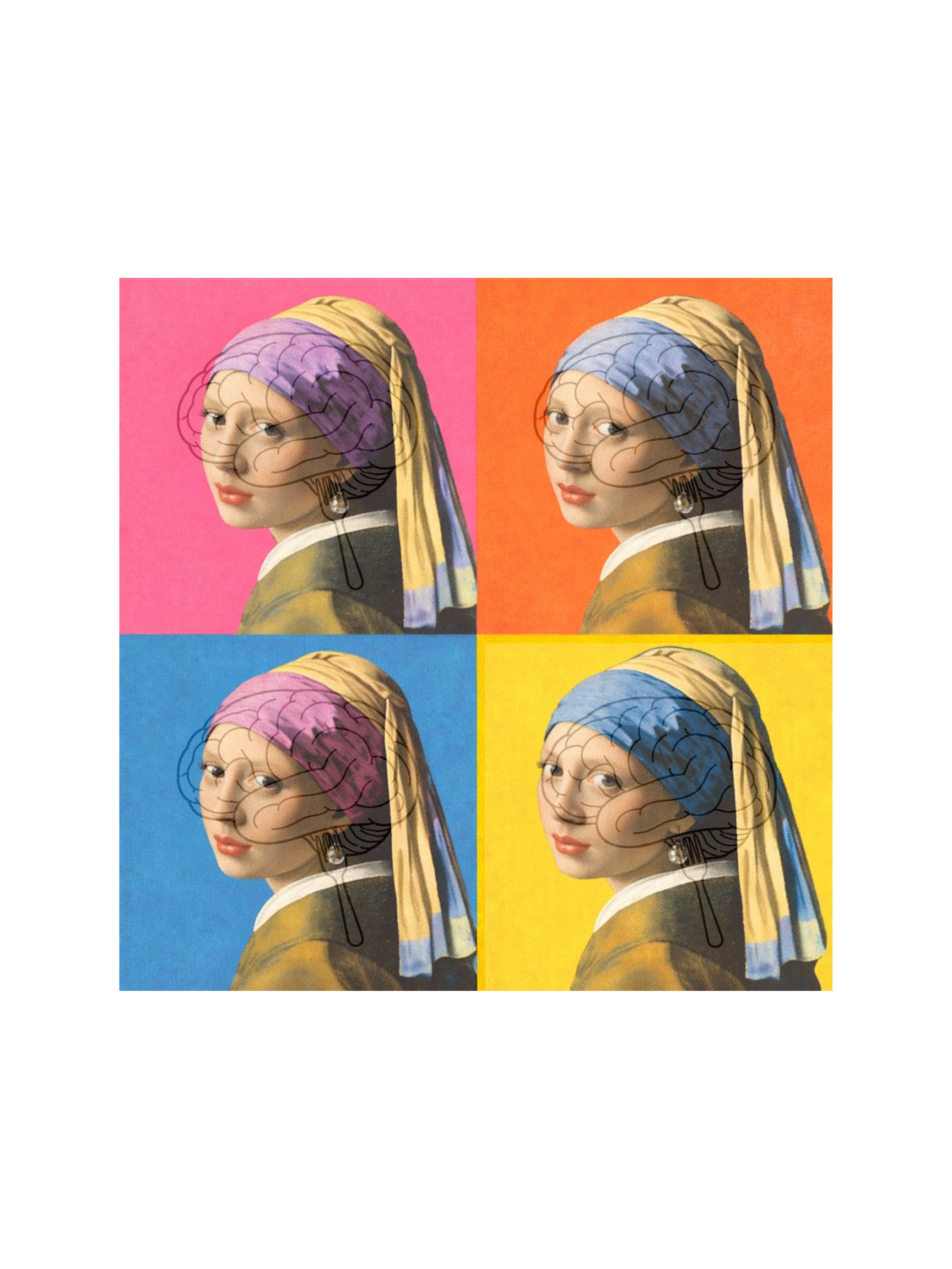 Four-panel artwork of a stylized version of 'Girl with a Pearl Earring' by Johannes Vermeer, with each panel in a different color.