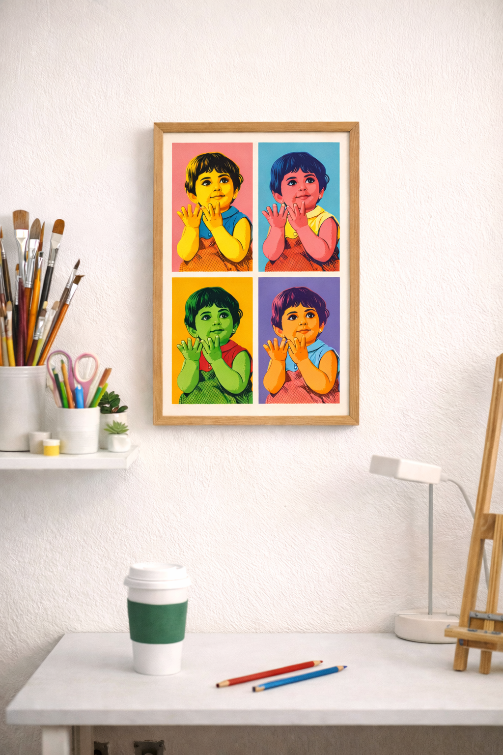 Framed artwork of pop art in art room thought fodder. iconic Indian girl
