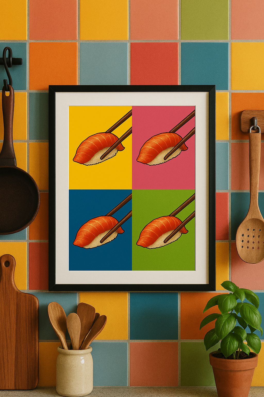 Framed artwork of sushi on a colorful tiled wall with kitchen utensils.