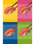 Four-panel design with sushi and chopsticks on a colorful background. Pop Art Thought Fodder