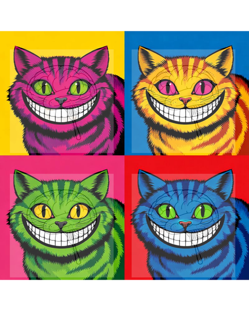Four colorful cats with wide smiles on a white background