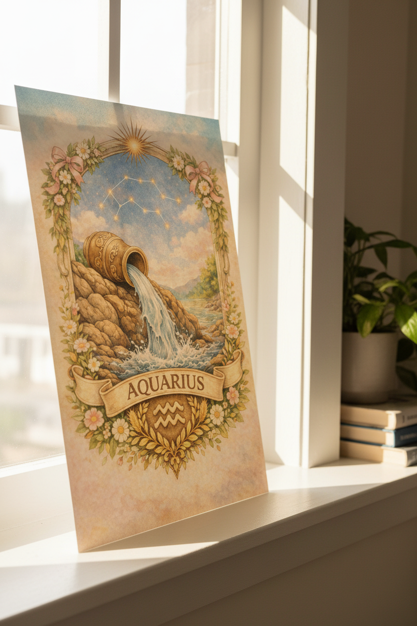 Aquarius print leaning against window sill