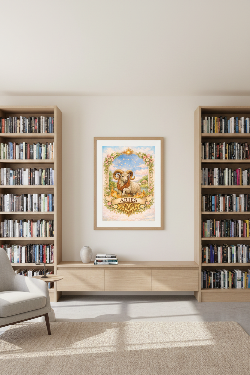 Aries cottagecore print in modern home library