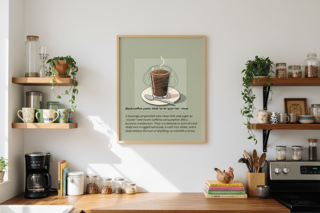 Black coffee purist print in 8x8 frame on white wall