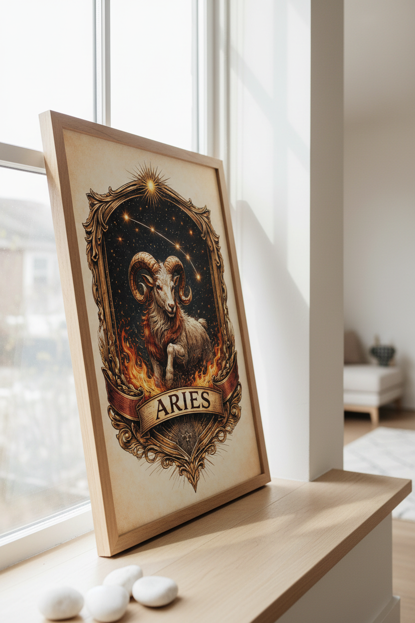 Bold Aries print in modern wooden frame on window sill
