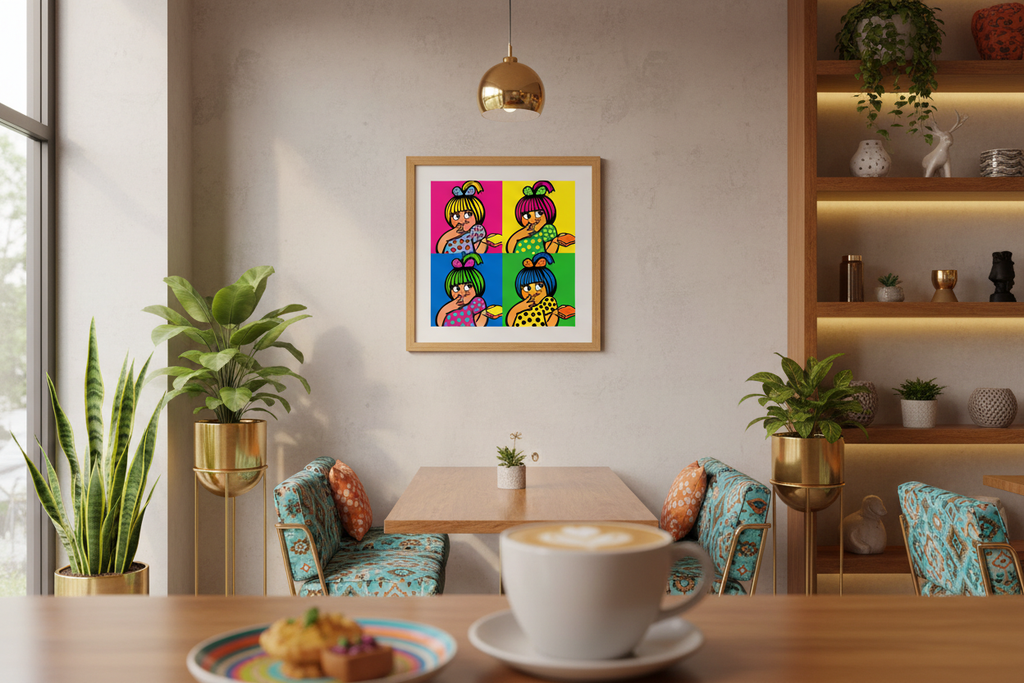 Bold pop art character print in modern Indian fusion cafe