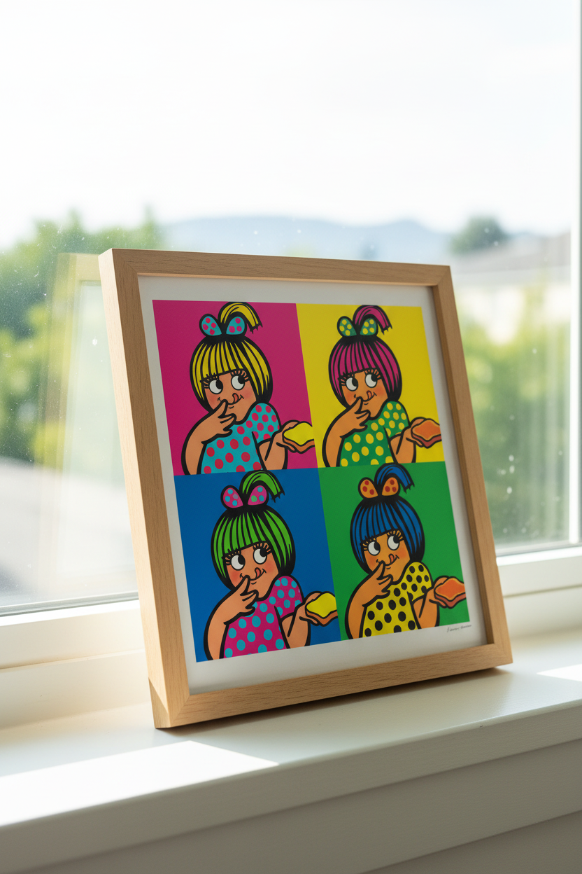 Bold pop art character print leaning against window sill