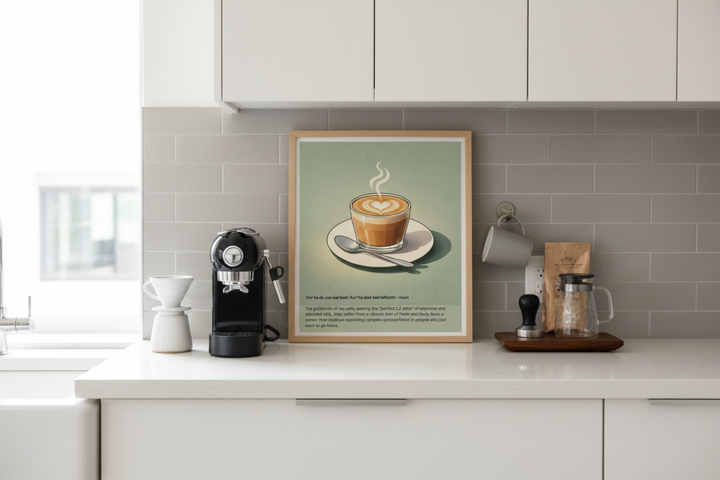 Cortado consultant print in 8x8 frame at kitchen coffee station