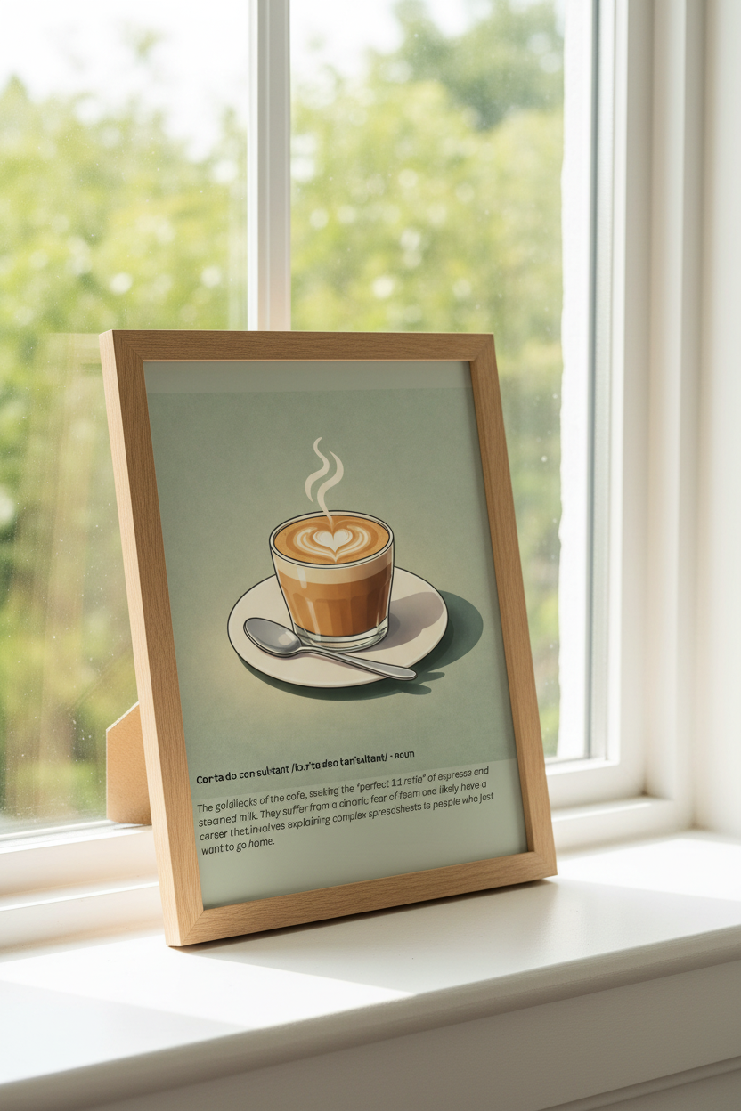 Cortado consultant print in modern wooden frame on window sill