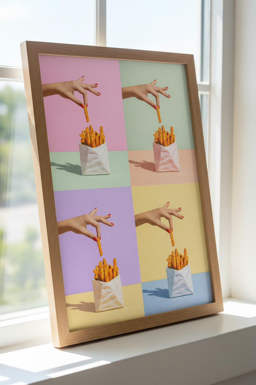 French fries pop art print leaning against window sill