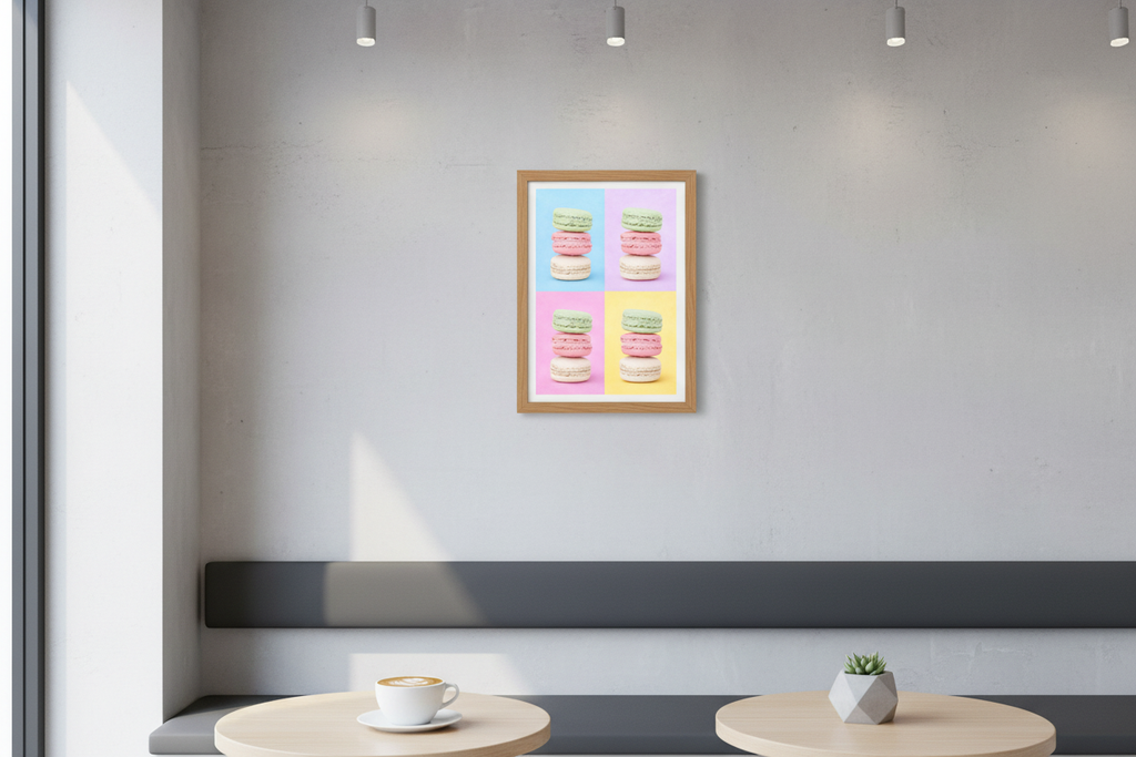 Macaron pop art print in modern cafe