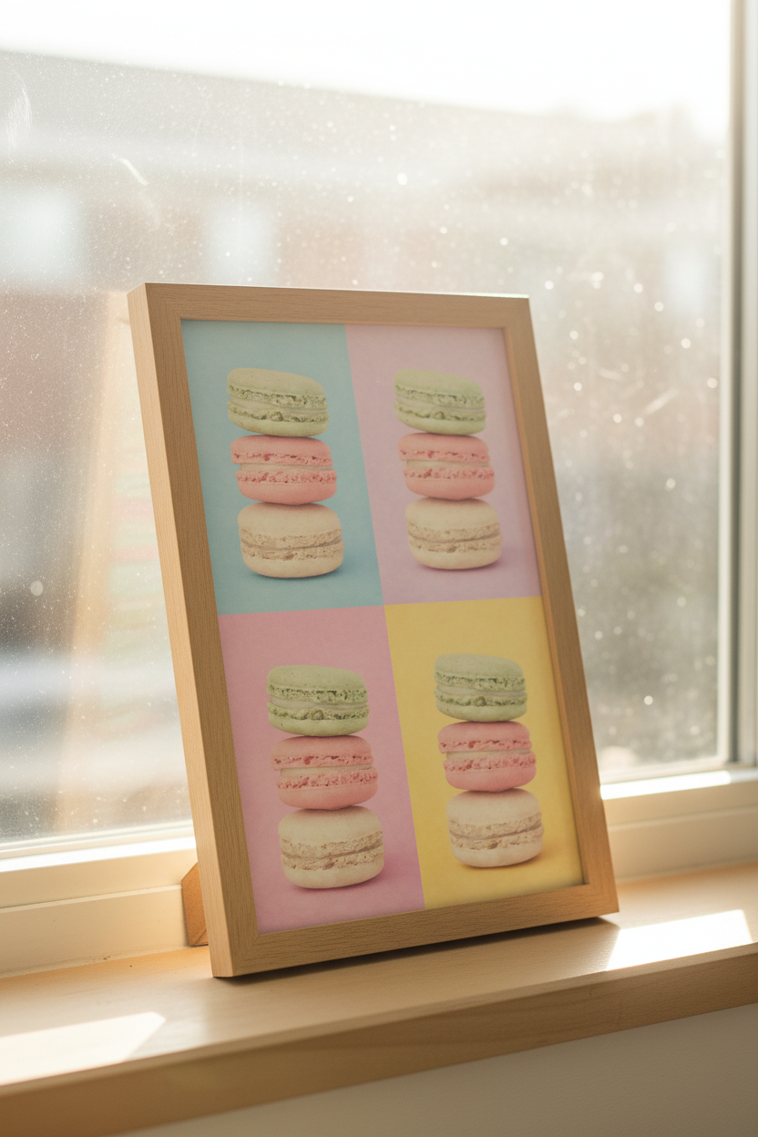Macaron pop art print leaning against window sill