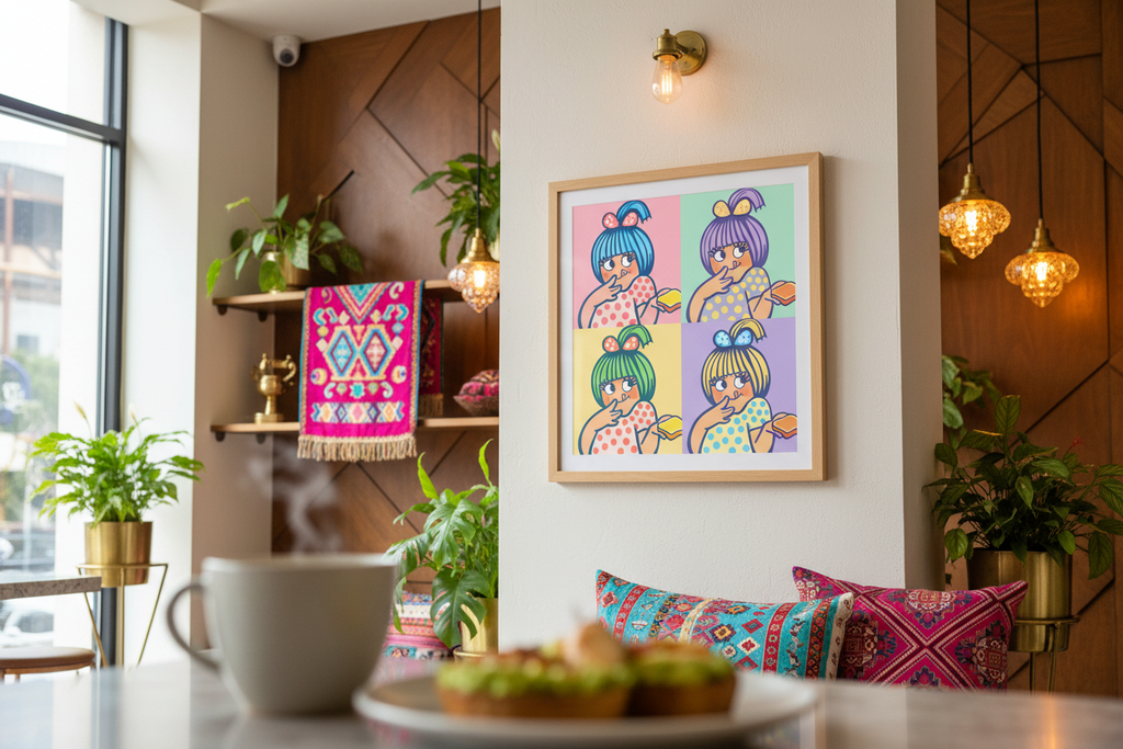 Pop art character print in modern Indian fusion cafe
