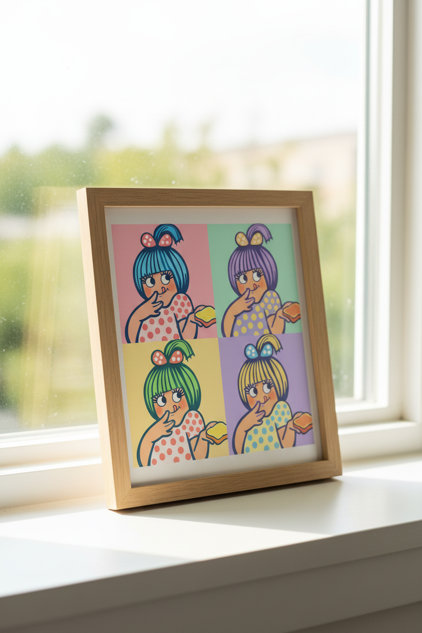 Pop art character print leaning against window sill